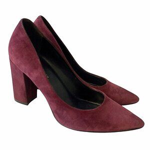 MARC FISHER Suede Pointed Toe Stacked Block Heel Pumps Eggplant Purple